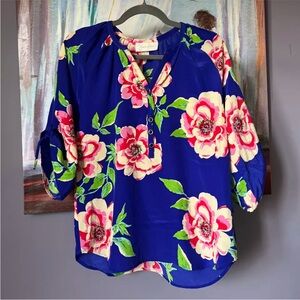 Yumi Kim Sz S Womens Floral Blue Pink 100% Silk Blouse Lightweight💖